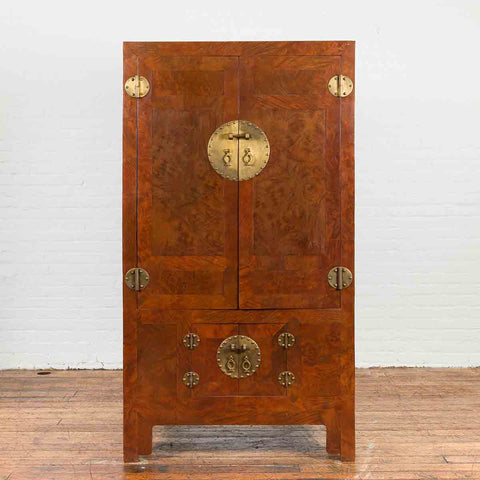 Chinese Hebei Province Early 20th Century Burl Wood Cabinet with Brass Medallion