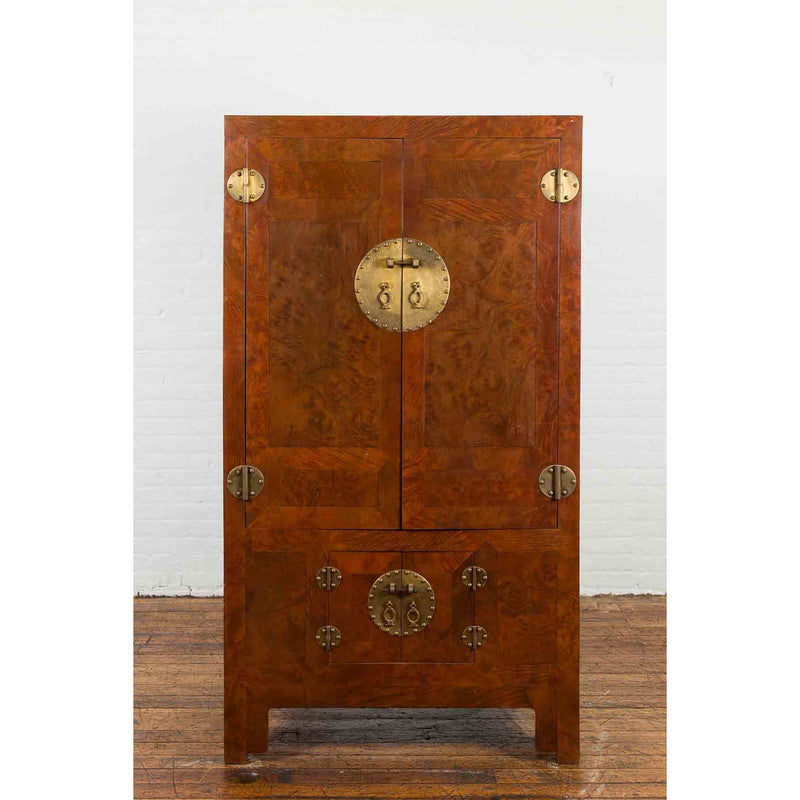 Chinese Hebei Province Early 20th Century Burl Wood Cabinet with Brass Medallion