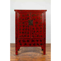 19th Century Red Lacquer Cabinet with Butterfly Design