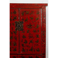 19th Century Red Lacquer Cabinet with Butterfly Design