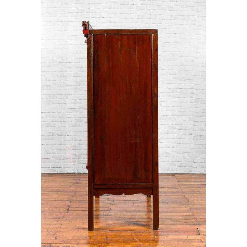 Chinese Qing Dynasty 19th Century Red Lacquered Wedding Cabinet with Carving