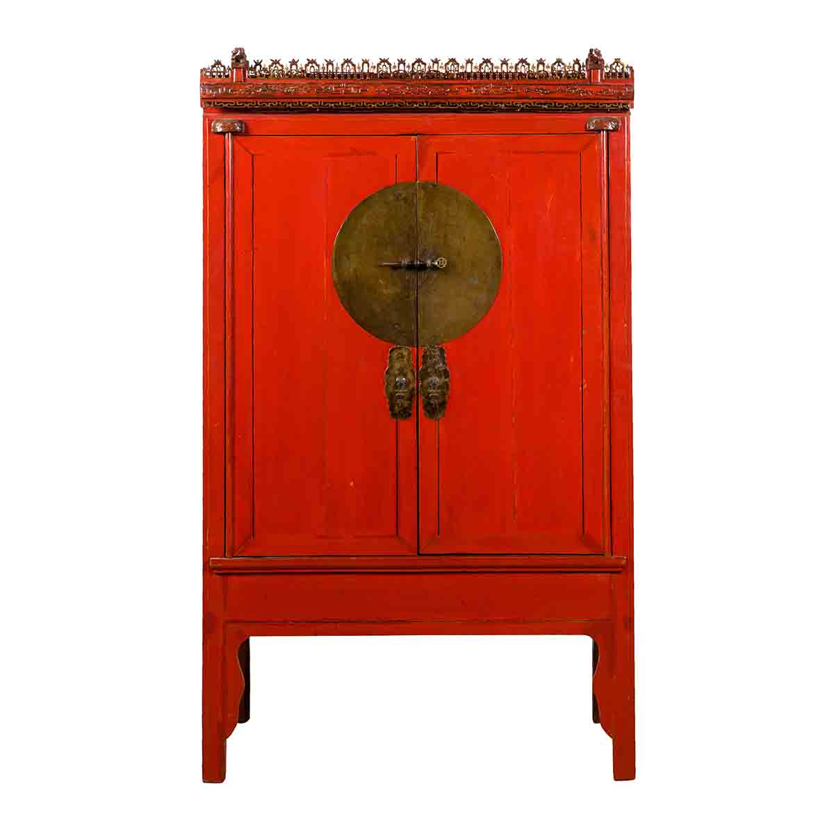Chinese Qing Dynasty 19th Century Red Lacquered Wedding Cabinet with Carving-1. Asian & Chinese Furniture, Art, Antiques, Vintage Home Décor for sale at FEA Home