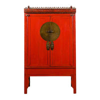 Chinese Qing Dynasty 19th Century Red Lacquered Wedding Cabinet with Carving