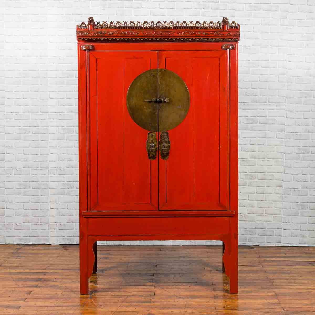 Chinese Qing Dynasty 19th Century Red Lacquered Wedding Cabinet with Carving-2. Asian & Chinese Furniture, Art, Antiques, Vintage Home Décor for sale at FEA Home
