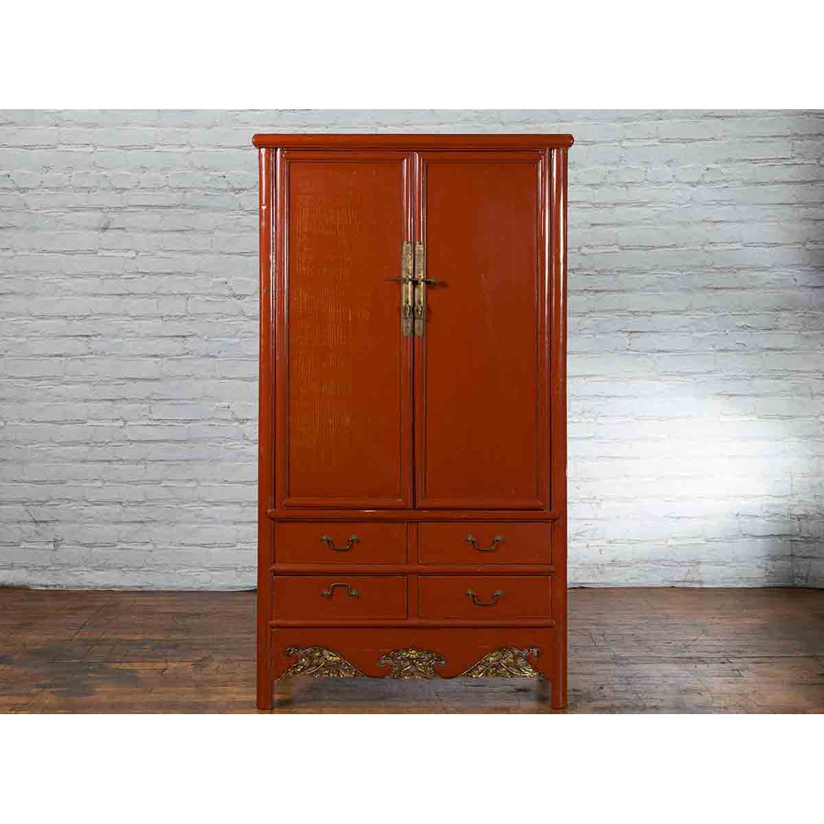 Chinese Red Lacquer Ming Dynasty Style Cabinet with Floral-Carved Gilt Apron-2. Asian & Chinese Furniture, Art, Antiques, Vintage Home Décor for sale at FEA Home