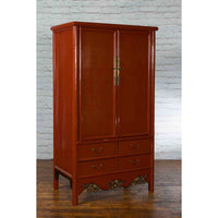 Chinese Red Lacquer Ming Dynasty Style Cabinet with Floral-Carved Gilt Apron