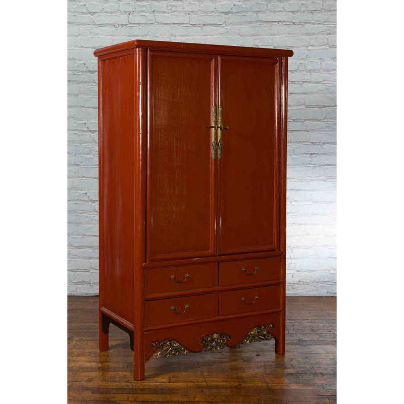Chinese Red Lacquer Ming Dynasty Style Cabinet with Floral-Carved Gilt Apron - Antique and Vintage Asian Furniture for Sale at FEA Home