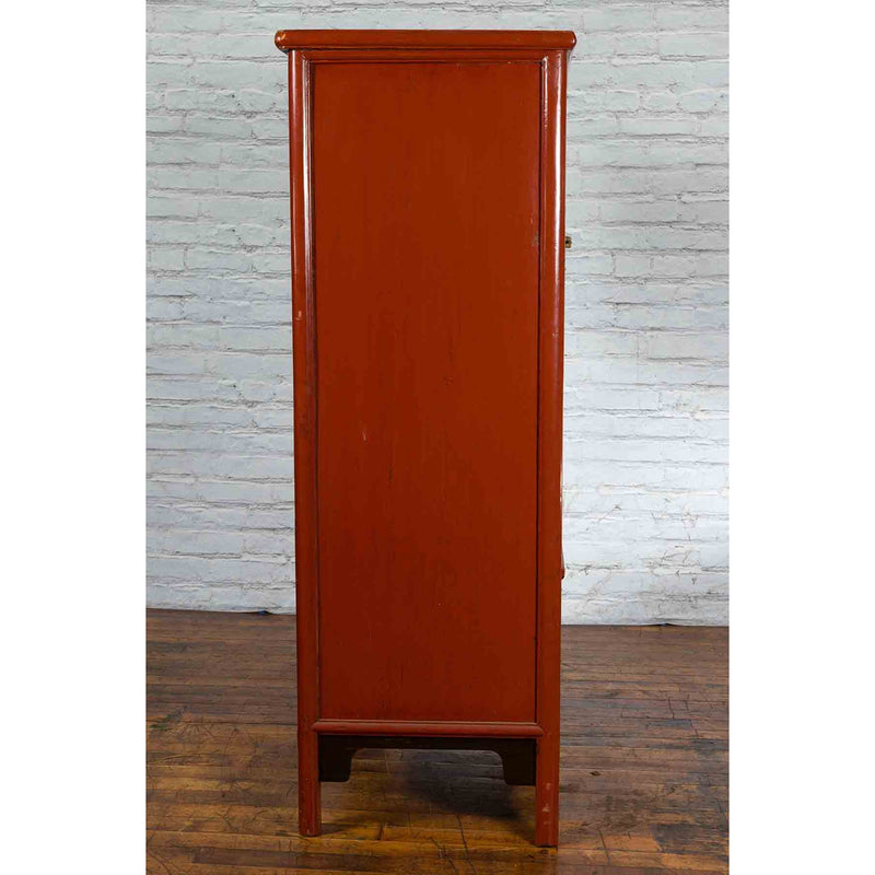 Chinese Red Lacquer Ming Dynasty Style Cabinet with Floral-Carved Gilt Apron - Antique and Vintage Asian Furniture for Sale at FEA Home