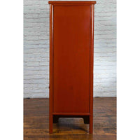 Chinese Red Lacquer Ming Dynasty Style Cabinet with Floral-Carved Gilt Apron