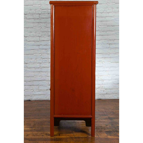 Chinese Red Lacquer Ming Dynasty Style Cabinet with Floral-Carved Gilt Apron - Antique and Vintage Asian Furniture for Sale at FEA Home