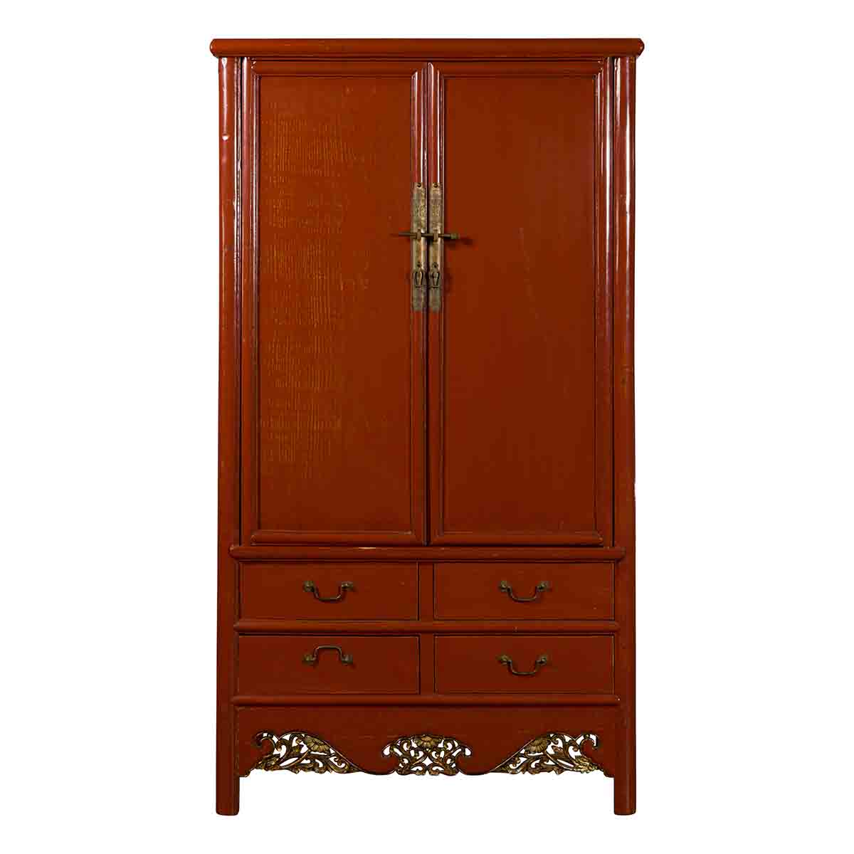 Chinese Red Lacquer Ming Dynasty Style Cabinet with Floral-Carved Gilt Apron-1. Asian & Chinese Furniture, Art, Antiques, Vintage Home Décor for sale at FEA Home