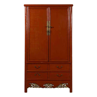 Chinese Red Lacquer Ming Dynasty Style Cabinet with Floral-Carved Gilt Apron