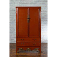 Chinese Red Lacquer Ming Dynasty Style Cabinet with Floral-Carved Gilt Apron