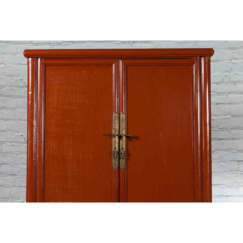 Chinese Red Lacquer Ming Dynasty Style Cabinet with Floral-Carved Gilt Apron - Antique and Vintage Asian Furniture for Sale at FEA Home