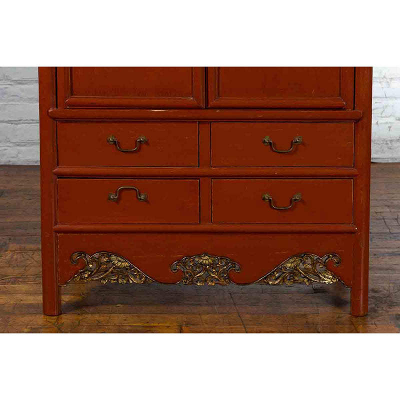 Chinese Red Lacquer Ming Dynasty Style Cabinet with Floral-Carved Gilt Apron - Antique and Vintage Asian Furniture for Sale at FEA Home