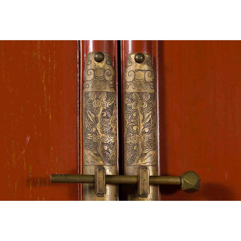 Chinese Red Lacquer Ming Dynasty Style Cabinet with Floral-Carved Gilt Apron - Antique and Vintage Asian Furniture for Sale at FEA Home
