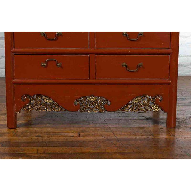Chinese Red Lacquer Ming Dynasty Style Cabinet with Floral-Carved Gilt Apron - Antique and Vintage Asian Furniture for Sale at FEA Home