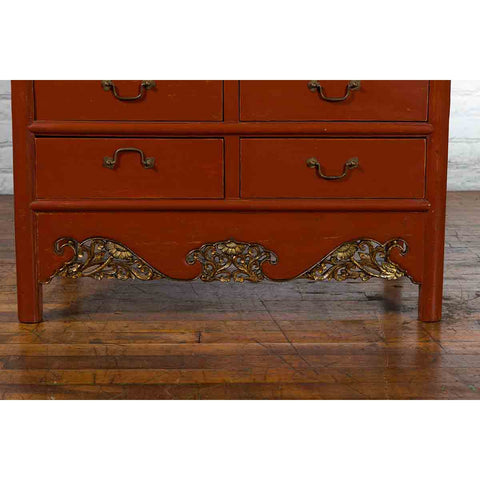 Chinese Red Lacquer Ming Dynasty Style Cabinet with Floral-Carved Gilt Apron - Antique and Vintage Asian Furniture for Sale at FEA Home