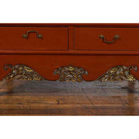 Chinese Red Lacquer Ming Dynasty Style Cabinet with Floral-Carved Gilt Apron