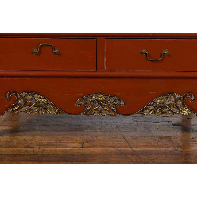 Chinese Red Lacquer Ming Dynasty Style Cabinet with Floral-Carved Gilt Apron - Antique and Vintage Asian Furniture for Sale at FEA Home