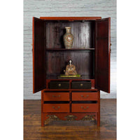 Chinese Red Lacquer Ming Dynasty Style Cabinet with Floral-Carved Gilt Apron