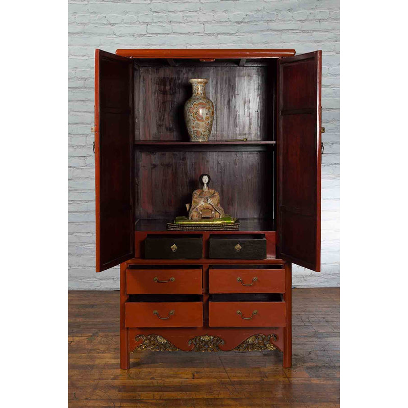 Chinese Red Lacquer Ming Dynasty Style Cabinet with Floral-Carved Gilt Apron - Antique and Vintage Asian Furniture for Sale at FEA Home