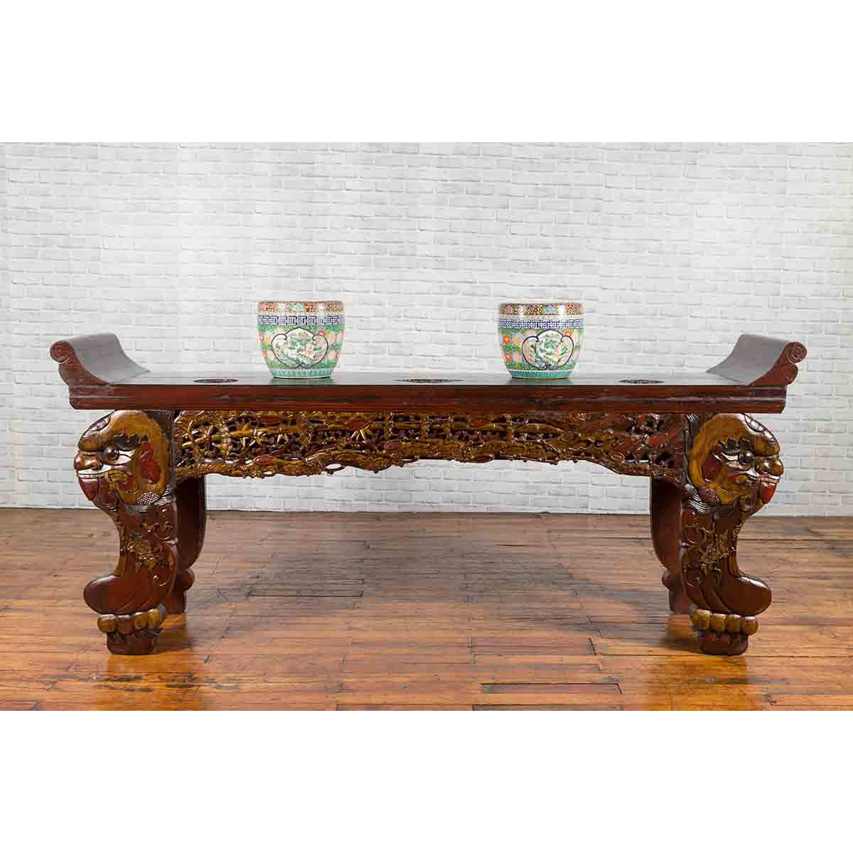 Chinese Qing Dynasty 19th Century Carved Console Table with Mythical Animals-4. Asian &amp; Chinese Furniture, Art, Antiques, Vintage Home Décor for sale at FEA Home