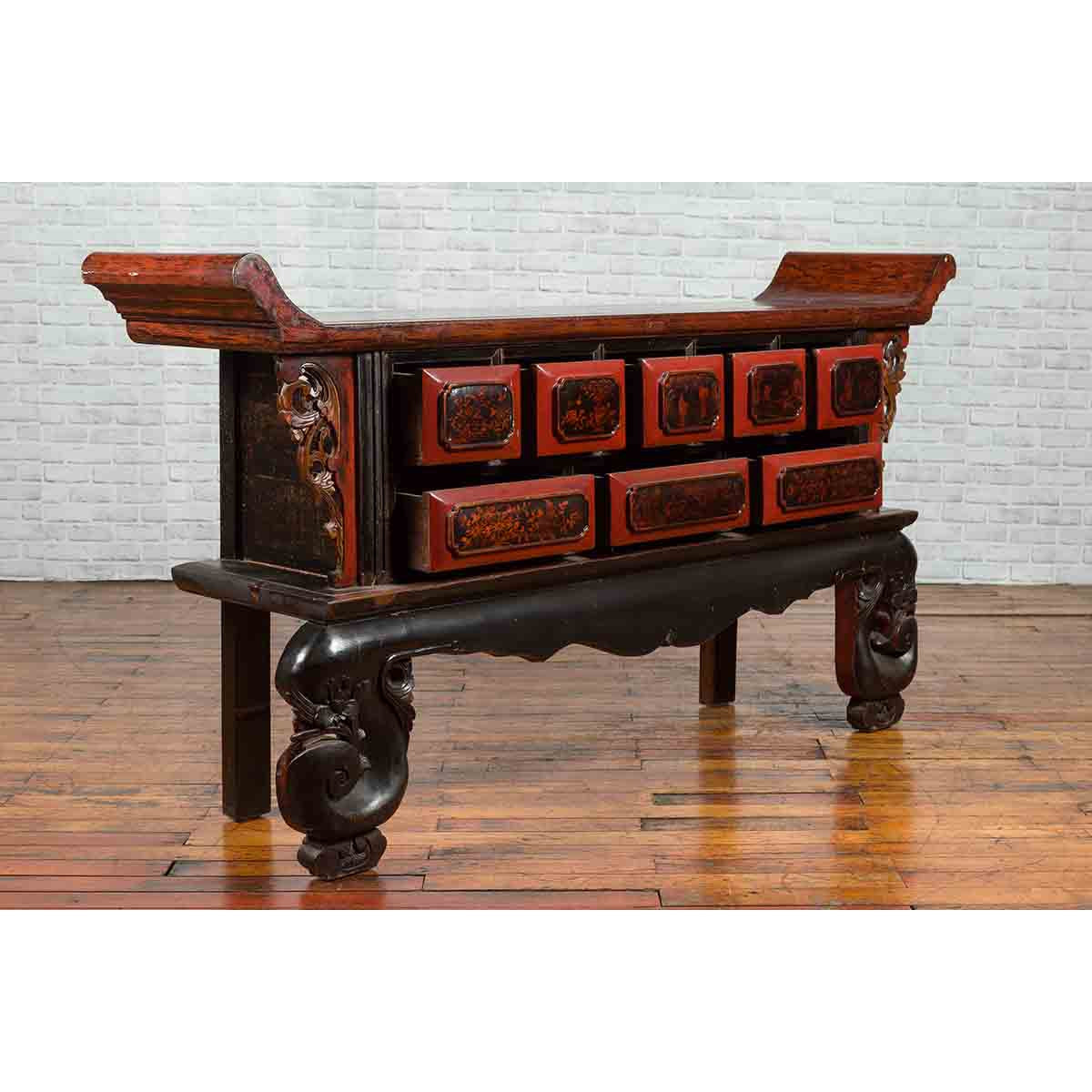 Chinese Red and Black Lacquered 19th Century Altar Coffer Table with Chinoiserie-4. Asian &amp; Chinese Furniture, Art, Antiques, Vintage Home Décor for sale at FEA Home