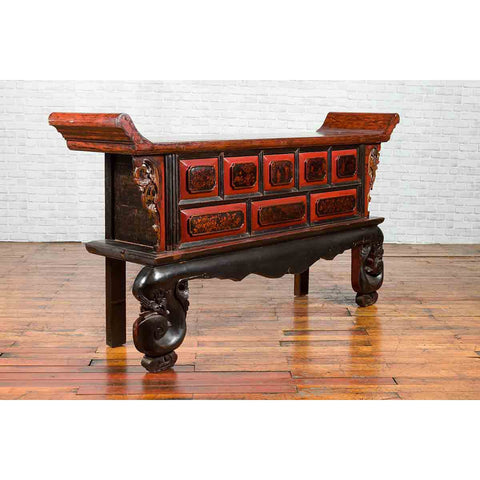 Chinese Red and Black Lacquered 19th Century Altar Coffer Table with Chinoiserie-YN1328-5. Asian & Chinese Furniture, Art, Antiques, Vintage Home Décor for sale at FEA Home
