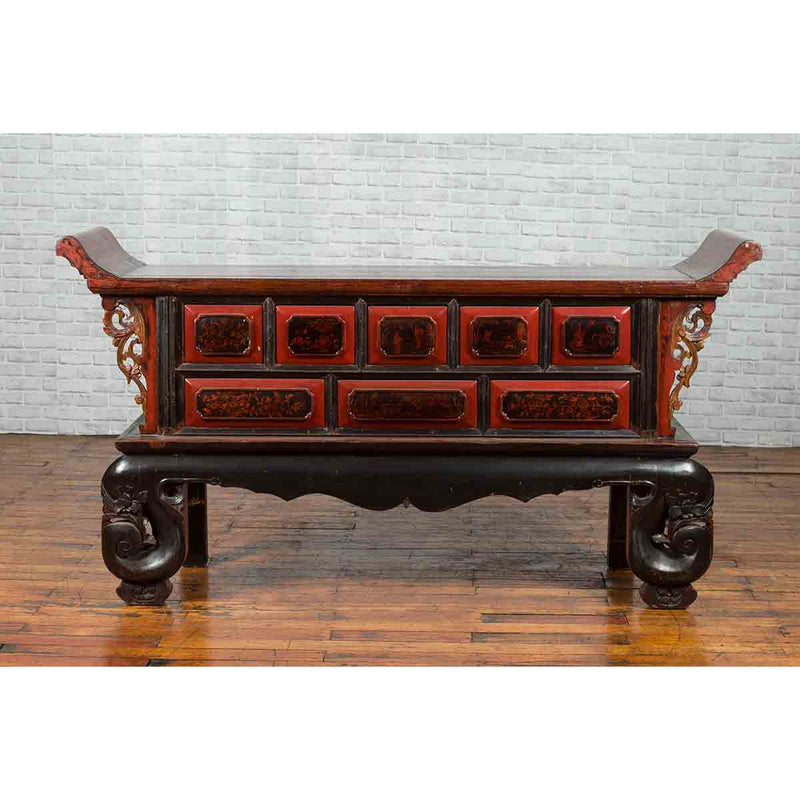 Chinese Red and Black Lacquered 19th Century Altar Coffer Table with Chinoiserie