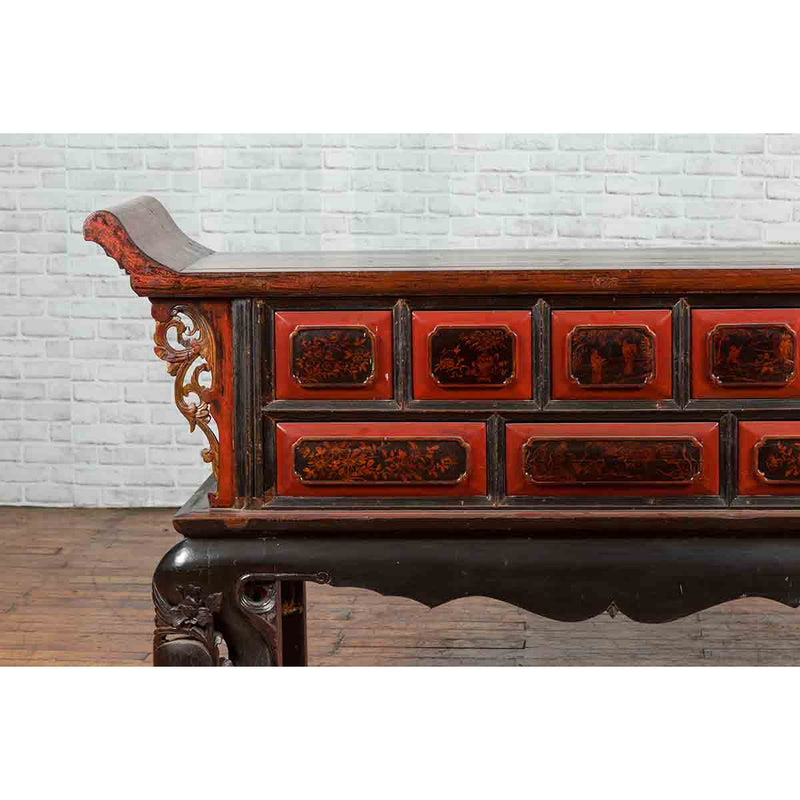 Chinese Red and Black Lacquered 19th Century Altar Coffer Table with Chinoiserie-YN1328-8. Asian & Chinese Furniture, Art, Antiques, Vintage Home Décor for sale at FEA Home