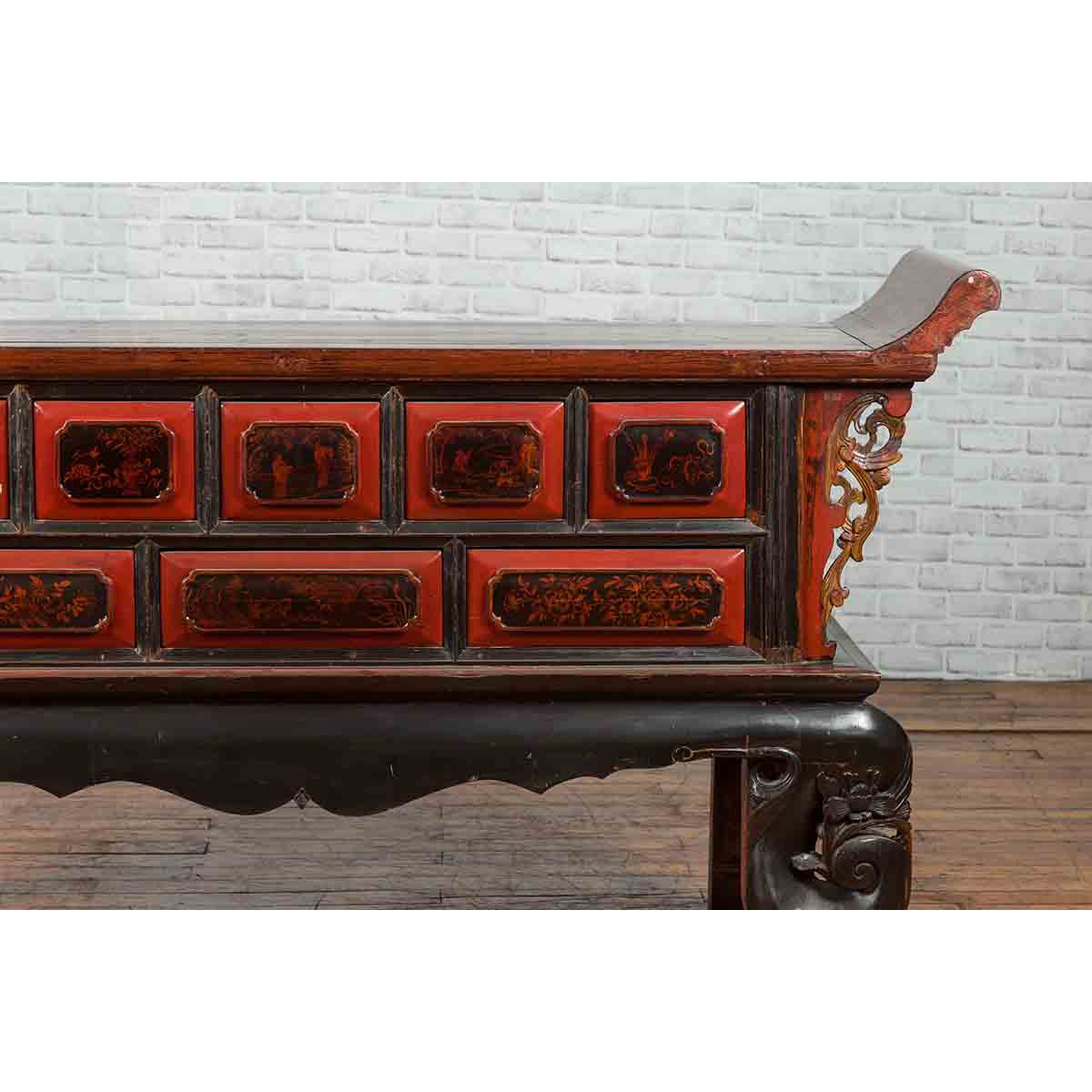 Chinese Red and Black Lacquered 19th Century Altar Coffer Table with Chinoiserie-9. Asian &amp; Chinese Furniture, Art, Antiques, Vintage Home Décor for sale at FEA Home