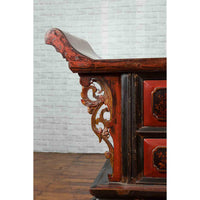 Chinese Red and Black Lacquered 19th Century Altar Coffer Table with Chinoiserie