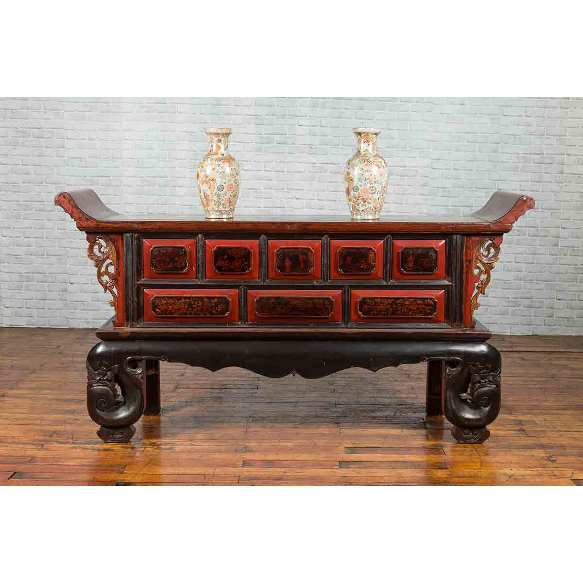 Chinese Red and Black Lacquered 19th Century Altar Coffer Table with Chinoiserie-3. Asian &amp; Chinese Furniture, Art, Antiques, Vintage Home Décor for sale at FEA Home