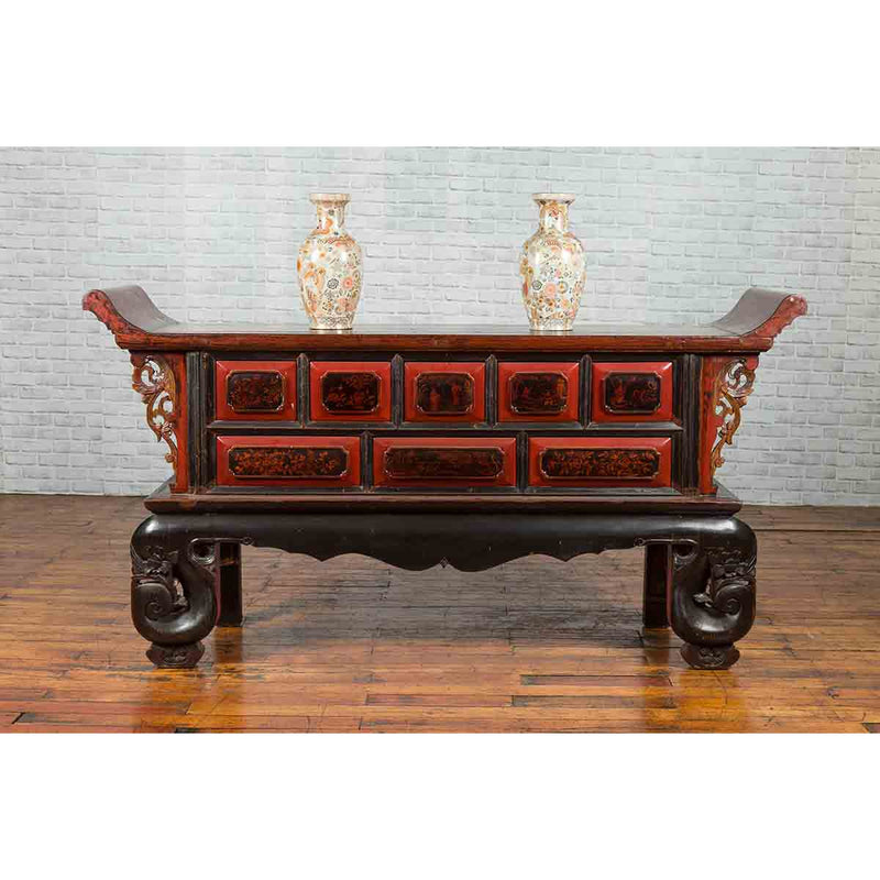 Chinese Red and Black Lacquered 19th Century Altar Coffer Table with Chinoiserie