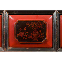 Chinese Red and Black Lacquered 19th Century Altar Coffer Table with Chinoiserie