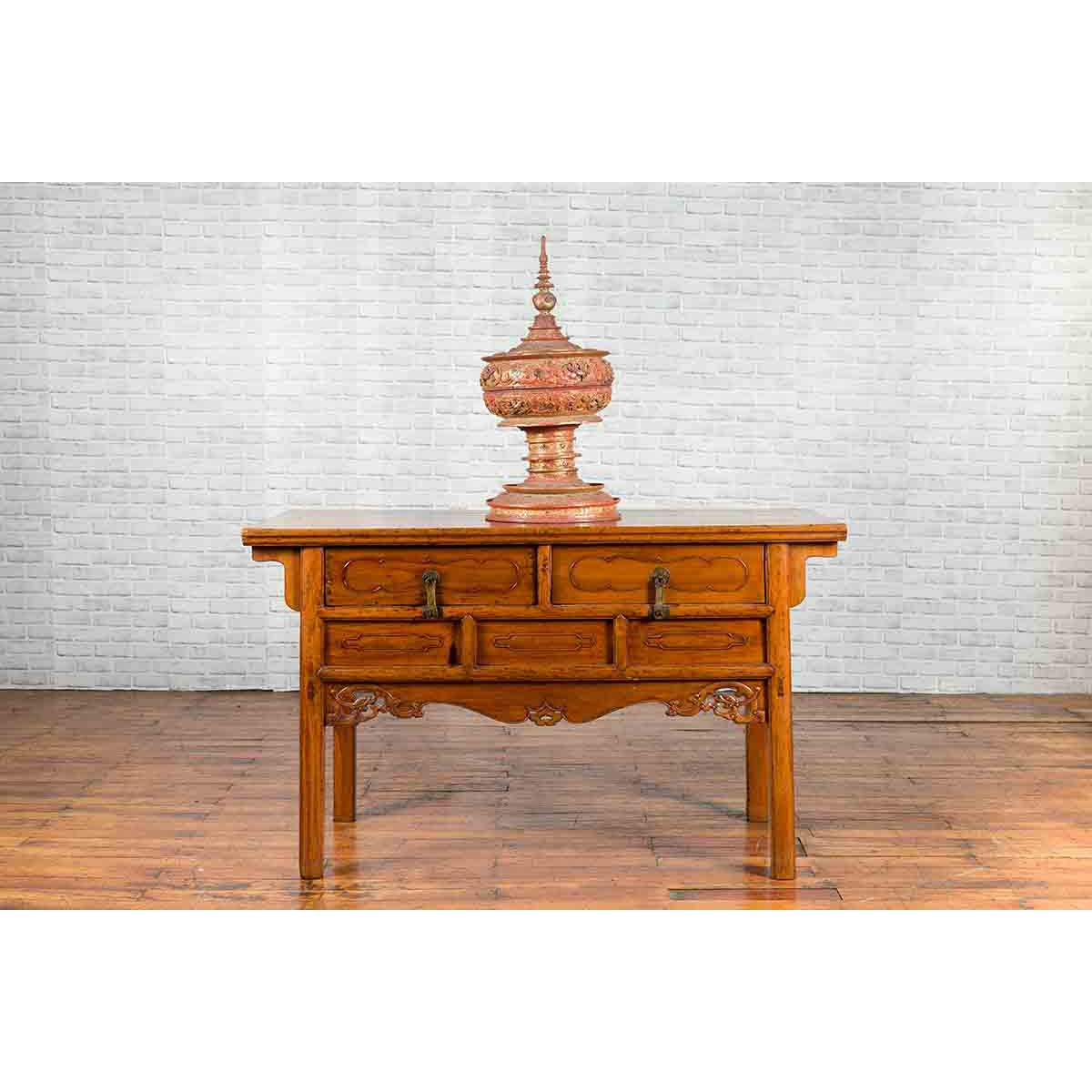 Chinese Qing Dynasty Period 19th Century Elm Sideboard with Dragon Carved Apron-3. Asian &amp; Chinese Furniture, Art, Antiques, Vintage Home Décor for sale at FEA Home