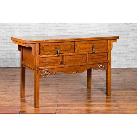 Chinese Qing Dynasty Period 19th Century Elm Sideboard with Dragon Carved Apron