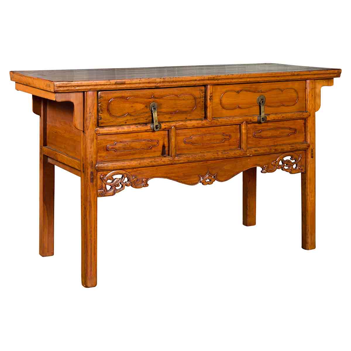 Chinese Qing Dynasty Period 19th Century Elm Sideboard with Dragon Carved Apron-1. Asian & Chinese Furniture, Art, Antiques, Vintage Home Décor for sale at FEA Home