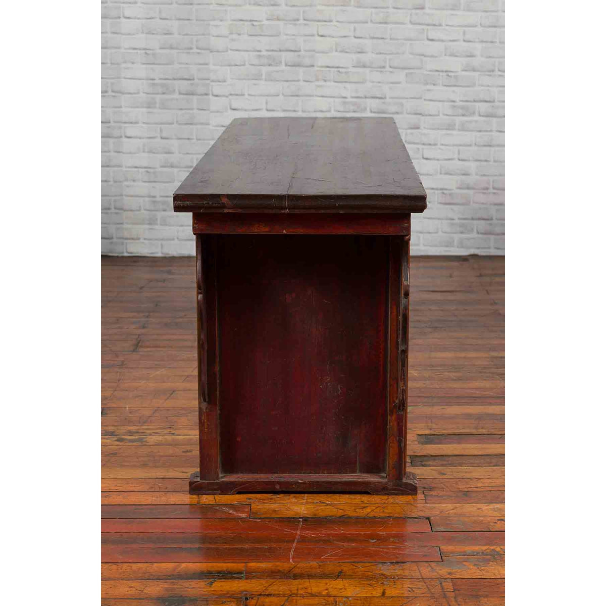 Chinese 19th Century Qing Dynasty Elm Low Console Table with Three Drawers-6. Asian &amp; Chinese Furniture, Art, Antiques, Vintage Home Décor for sale at FEA Home