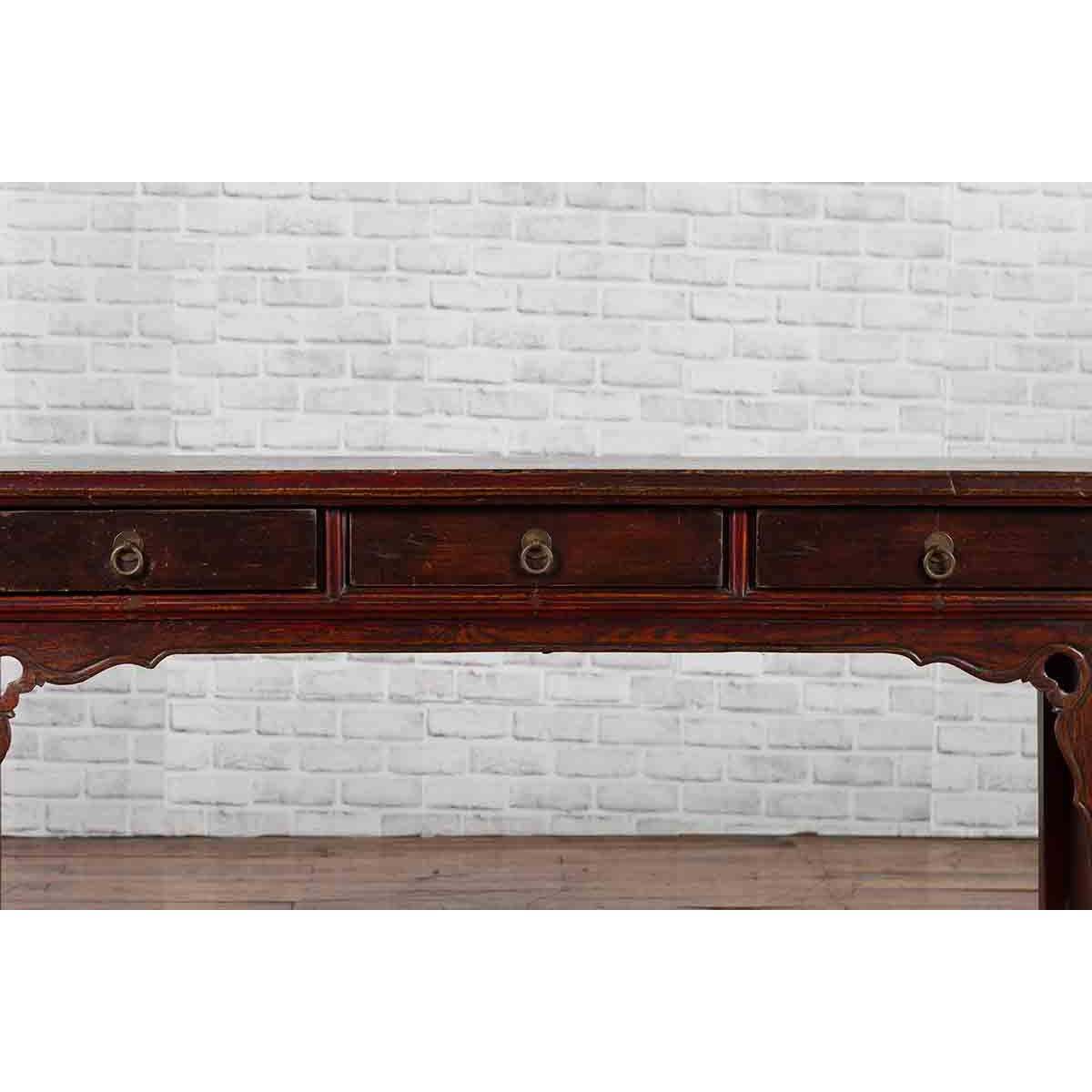 Chinese 19th Century Qing Dynasty Elm Low Console Table with Three Drawers-13. Asian &amp; Chinese Furniture, Art, Antiques, Vintage Home Décor for sale at FEA Home