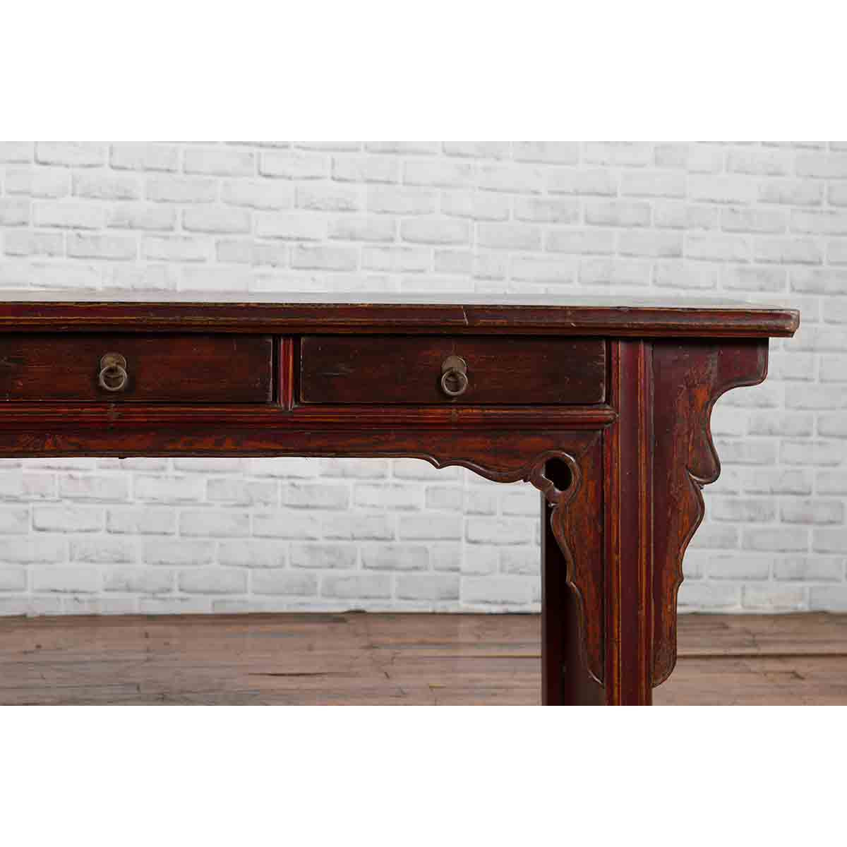 Chinese 19th Century Qing Dynasty Elm Low Console Table with Three Drawers-14. Asian &amp; Chinese Furniture, Art, Antiques, Vintage Home Décor for sale at FEA Home