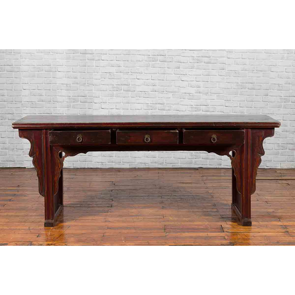 Chinese 19th Century Qing Dynasty Elm Low Console Table with Three Drawers-5. Asian &amp; Chinese Furniture, Art, Antiques, Vintage Home Décor for sale at FEA Home