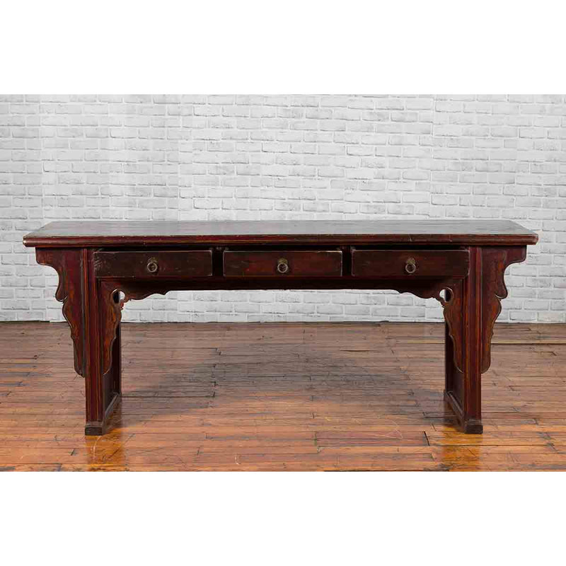 Chinese 19th Century Qing Dynasty Elm Low Console Table with Three Drawers-YN1340-5. Asian & Chinese Furniture, Art, Antiques, Vintage Home Décor for sale at FEA Home