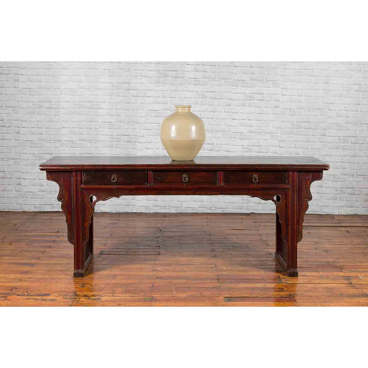 Chinese 19th Century Qing Dynasty Elm Low Console Table with Three Drawers-4. Asian &amp; Chinese Furniture, Art, Antiques, Vintage Home Décor for sale at FEA Home