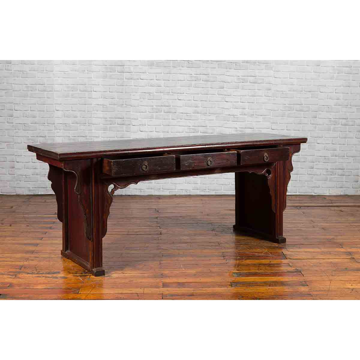 Chinese 19th Century Qing Dynasty Elm Low Console Table with Three Drawers-3. Asian &amp; Chinese Furniture, Art, Antiques, Vintage Home Décor for sale at FEA Home