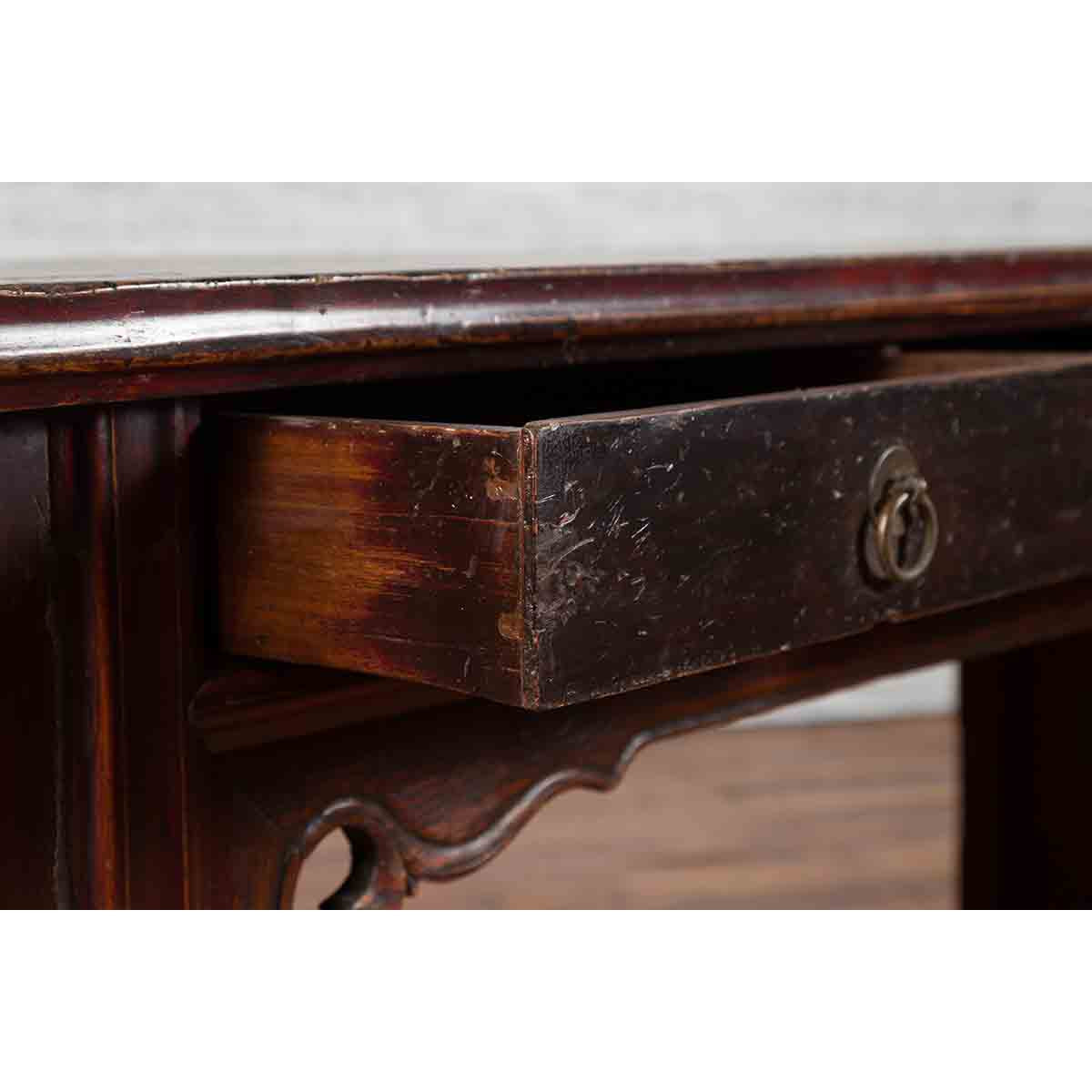 Chinese 19th Century Qing Dynasty Elm Low Console Table with Three Drawers-15. Asian &amp; Chinese Furniture, Art, Antiques, Vintage Home Décor for sale at FEA Home