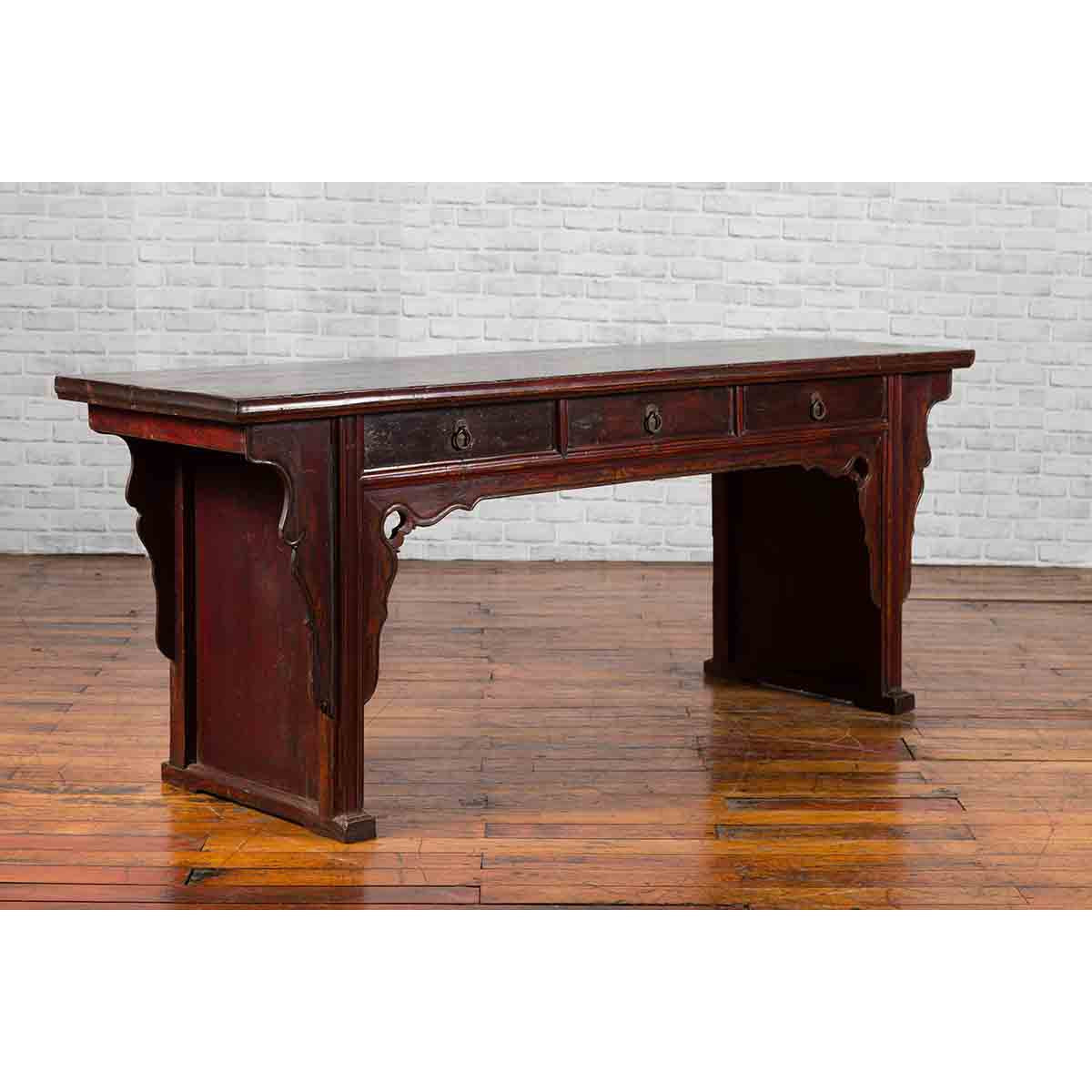 Chinese 19th Century Qing Dynasty Elm Low Console Table with Three Drawers-16. Asian &amp; Chinese Furniture, Art, Antiques, Vintage Home Décor for sale at FEA Home