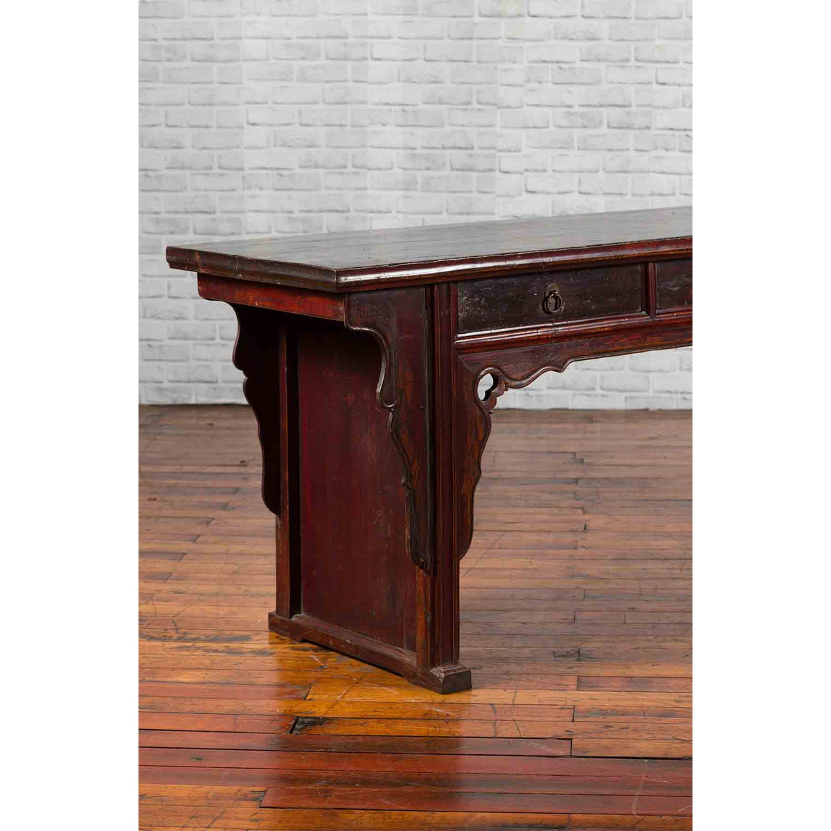 Chinese 19th Century Qing Dynasty Elm Low Console Table with Three Drawers-17. Asian &amp; Chinese Furniture, Art, Antiques, Vintage Home Décor for sale at FEA Home