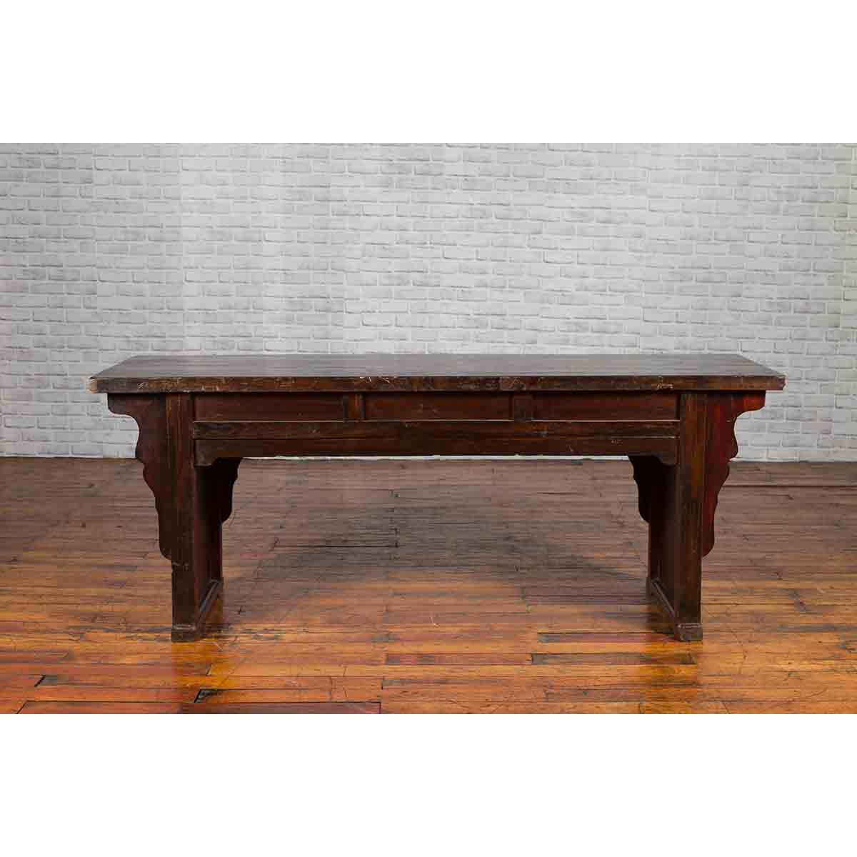 Chinese 19th Century Qing Dynasty Elm Low Console Table with Three Drawers-8. Asian &amp; Chinese Furniture, Art, Antiques, Vintage Home Décor for sale at FEA Home